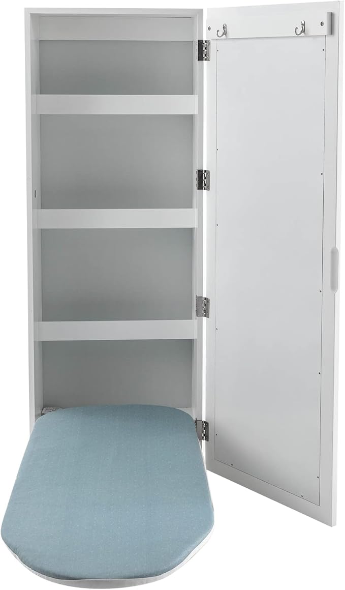 Space-Saving Wall Mounted Ironing Cabinet with Mirror – Rotating Ironing Board, 4 Shelves & 2 Hooks for Clothes Storage & Dressing, Ideal for Small Spaces, Apartments & RVs