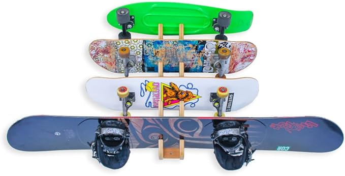 COR Surf Skateboard & Snowboard Wall Mount Display - 4 Board Indoor Rack Made with Sustainable Bamboo