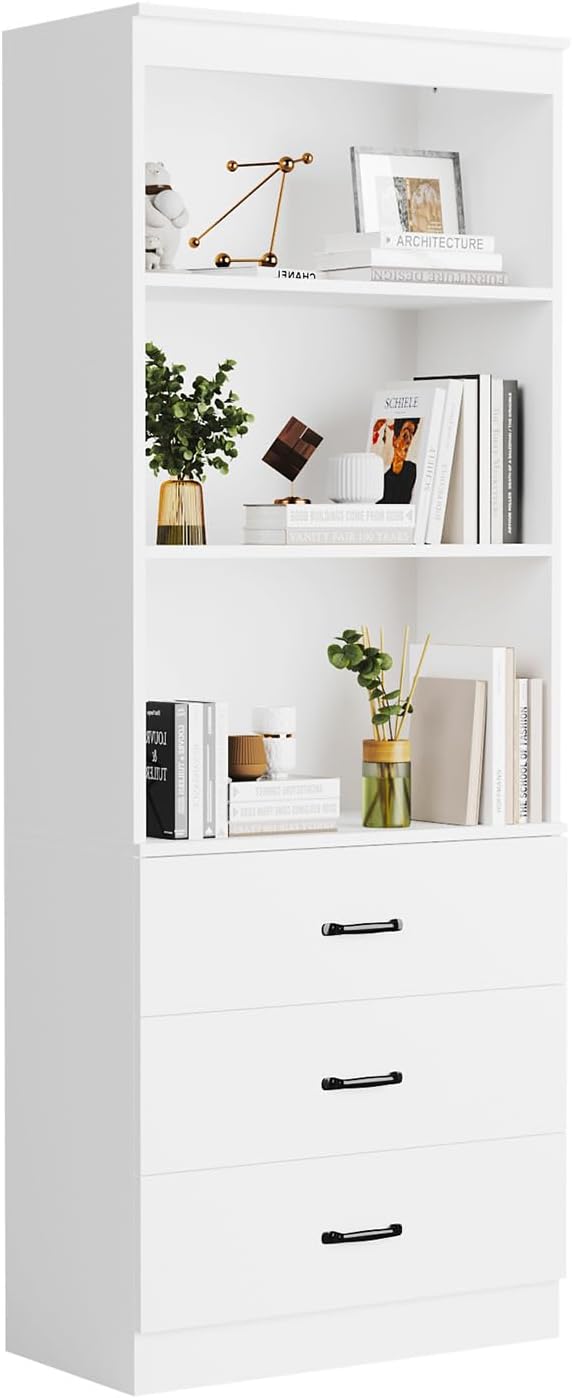 oneinmil 70" H 6-Tier Bookshelf with 3 Drawers, White Bookcase with 3-Tier Open Shelves, Tall Book Shelf with Storage Space, Wooden Storage Cabinet for Living Room, Bedroom, Office (White, 6-Tier)