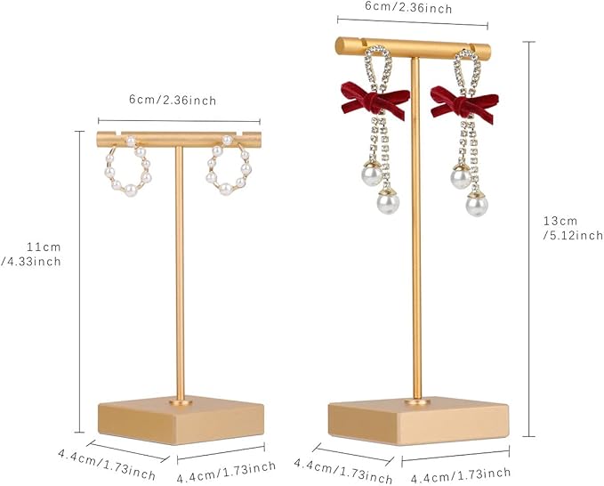 GemeShou 2pcs metal earring holder, Gold T bar earring display stand, mini hangers for earrings Jewelry Photography, earring storage organizer【Gold-Square Base 2pcs Height 4.3 and 5.1 inch】