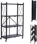 Foldable 4-Tier Metal Storage Shelf with Locking Wheels, Pre-Assembled Rolling Rack for Easy Setup, Space-Saving Organizer for Kitchen, Pantry, and Closet, 28.54" L x 14.17" W x 46.06" H