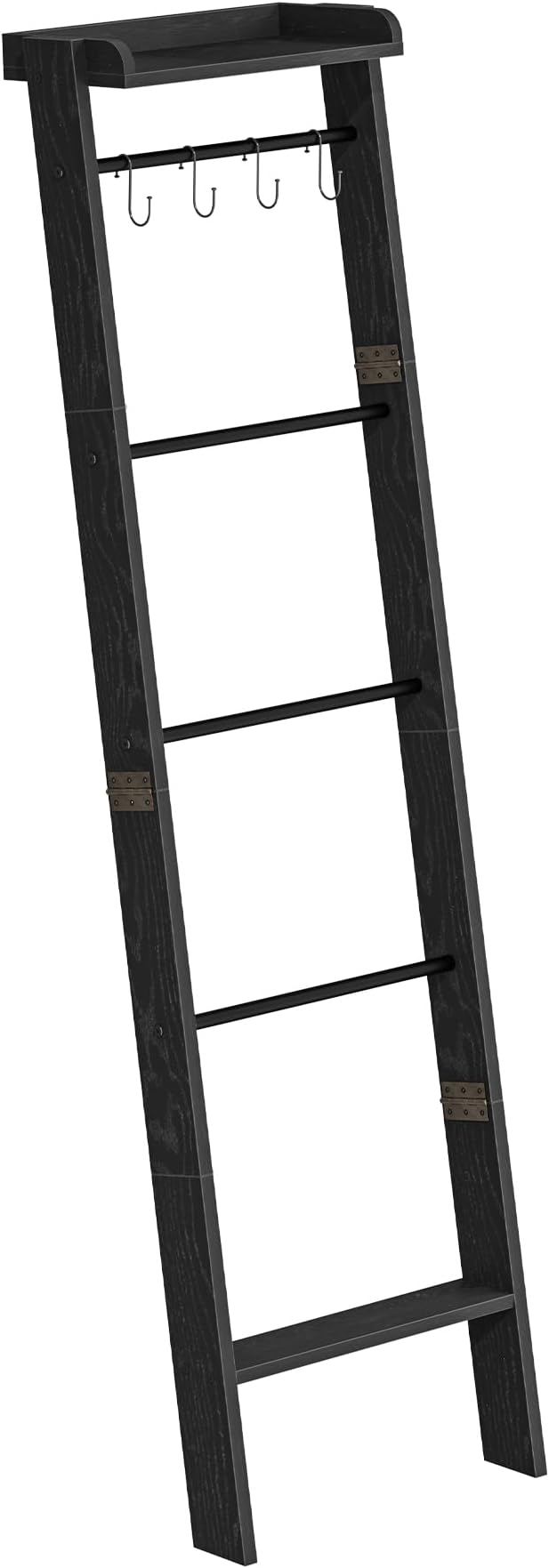Blanket Ladder Shelf, Decorative Quilt Rack,6-Tier Farmhouse Ladder Holder Organizer with 4 Removable Hooks, Black BR35804B
