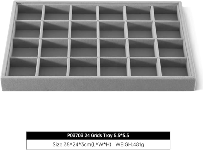 Velvet Stackable Jewelry Display Tray, 24 Grid Earring Ring Storage Tray, Drawer Divider Jewelry Accessories Organizer Plate (Gray)