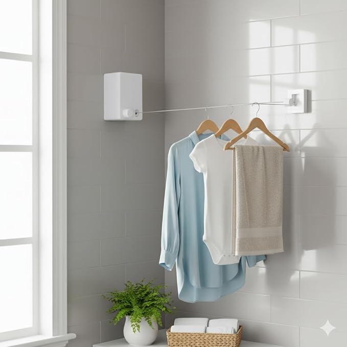 Dryline Retractable Clothesline, White, Indoor Outdoor Wall Mounted Drying Rack, 15kg Weight Capacity, 4.2m Length, for Laundry Room, RV, Bathroom