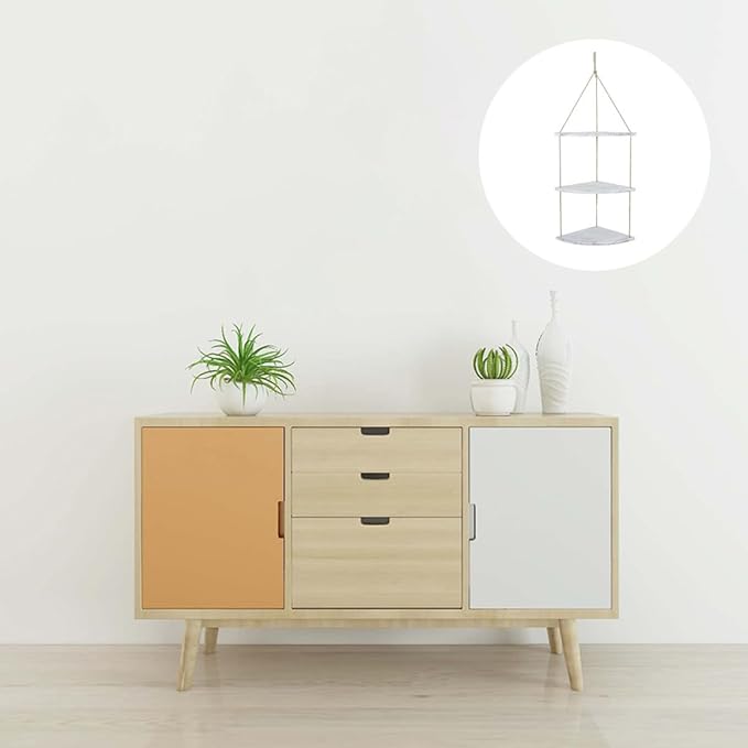 BESPORTBLE Nordic Style Fan-Shaped Wall Corner Rack with Detachable Wooden Shelves and Rope Design Space-Saving Floating Storage Shelf for Plants Crafts Photos in Bedroom Living Office