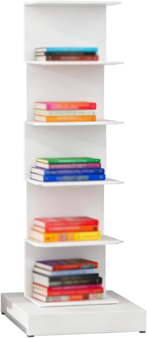 Invisible Vertical Spine Bookshelf Tower,Tall Narrow Metal Bookshelf for Small Space,Corner Floor Standing Book Organizers for Living Room, Office, Entryway(5 Tier, White)