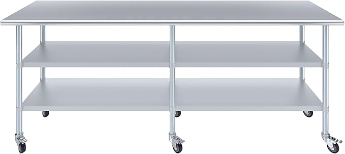AmGood Stainless Steel Work Table with 2 Shelves and Casters | Metal Utility Table On Wheels (Stainless Steel, 96" Long x 24" Deep)