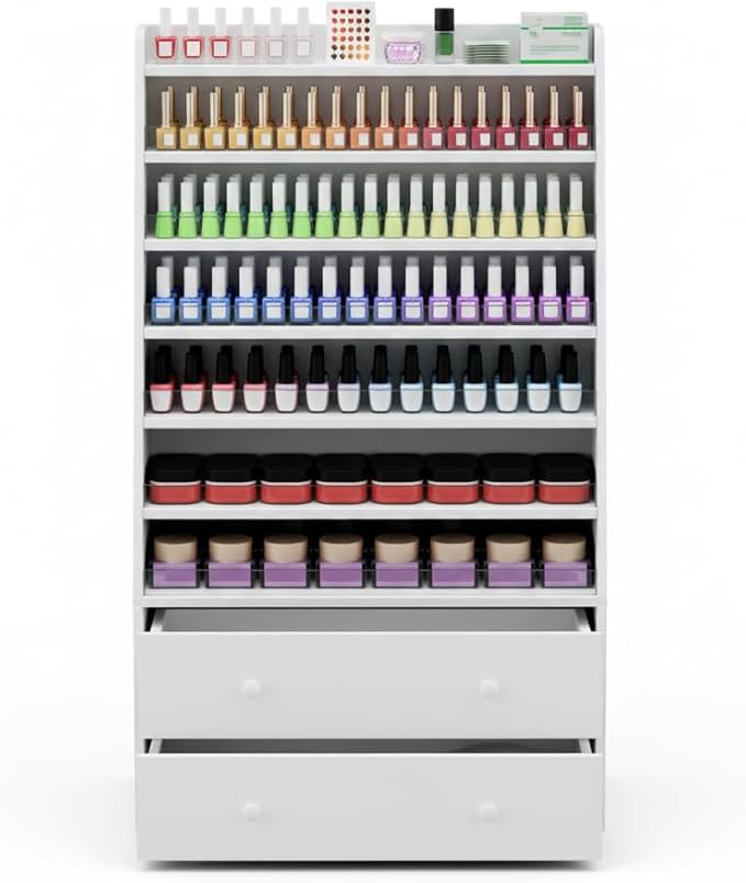 Nail Polish Rack with 2 Drawers, Salon Display & Storage Cabinet with Acrylic Baffle, Holds 700+ Bottles of Polishes, Essential Oils & Perfumes, Suitable for Nail Salon & Beauty Store, White