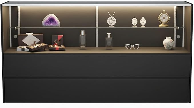 WISDOMFUR 5ft Black Display Showcase Cabinet with LED Lighting – Half Vision Retail Glass Display Case, 60" x 18" x 38", Sliding Locking Doors & Storage Shelves