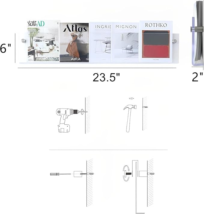 4-Pack 24" Acrylic Magazine Holder Vinyl Records Holder, Display Floating Bookshelves Wall Mounted, Hanging Nursery Book Shelves for Waiting Room, Living Room, Office