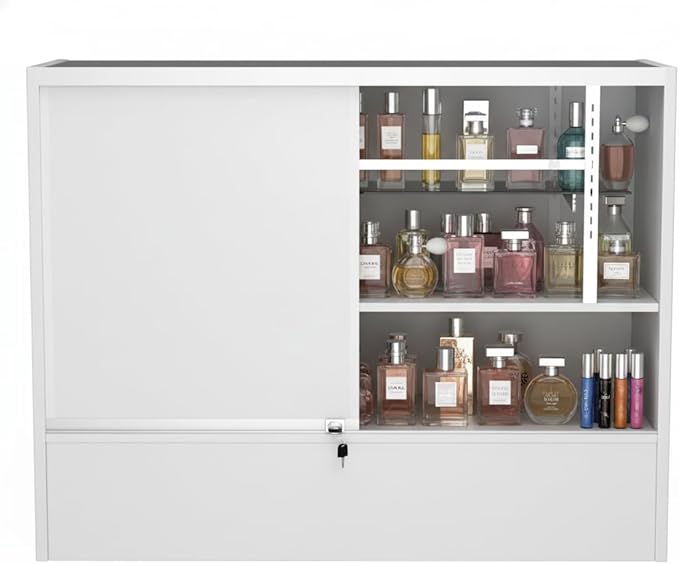 WISDOMFUR 48” Display Showcase with LED Lighting – White Melamine Finish, Adjustable Glass Shelf, Locking Sliding Doors – 4ft Retail Display Cabinet for Stores & Exhibits