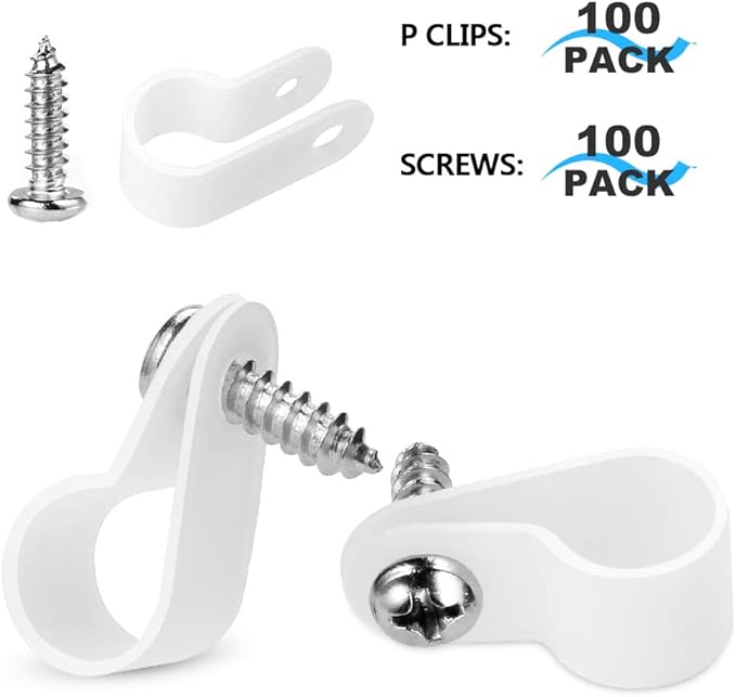 LOKMAN 100 Pack 3/8 Inch Rope Light P-Style Mounting Clips with Compatible Stainless Steel Pan Head Phillips Screws White