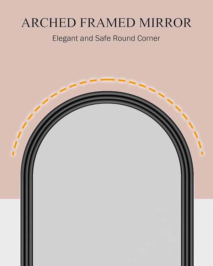 Jewelry Cabinet Organizer with Mirror, 47 inch Lockable Full-Length Mirror Jewelry Armoire Hanging Door/Wall Mounted with 6 LEDS, Arched Framed Mirror Cabinet with Storage, Gift for Women, Black