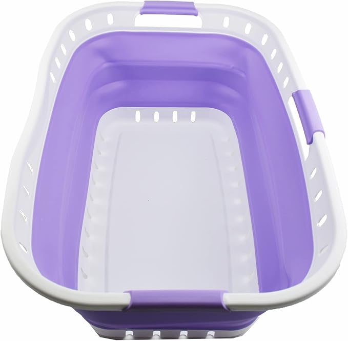 SAMMART 44L (11.62 gallon) Collapsible Plastic Laundry Basket - Foldable Pop Up Storage Container/Organizer - Portable Washing Tub - Space Saving Hamper/Basket (1, White/Lt. Purple)
