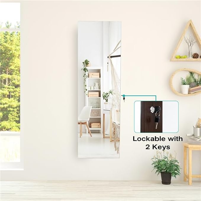 LDAILY 47” LED Jewelry Armoire, Door/Wall Mounted Mirror w/Storage, 4 Shelves, 4 Drawers, Full Length Mirror & Flip-up Makeup Tray, Lockable Jewelry Organizer Cabinet for Women & Girls, Gift (Coffee)