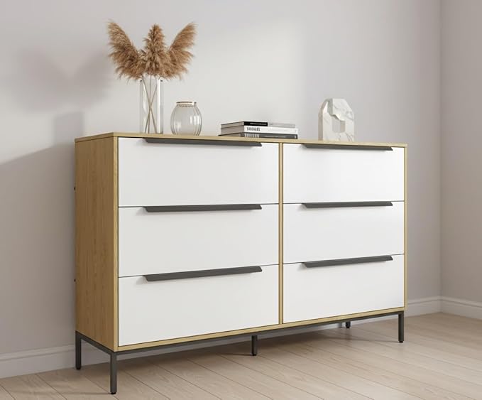 tinge Lira Premium Fabric Dresser - Solid Wooden Frame, 6 Spacious Sag-Proof Drawers with Sleek Metal Handles - Premium & Durable Storage Solution for Your Home (Light Brown)