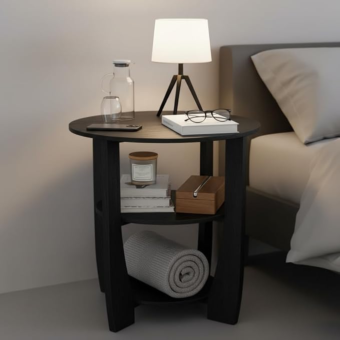 Round End Table with Storage Shelf,3 Tier Modern Side Table, Sofa Recliner Side Table,Accent Coffee Table,Nightstand for Living Room Bedroom for Small Spaces,19.7" D x 21.7" H