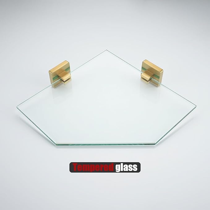 JQK Corner Glass Shelf, Brushed Gold Bathroom 304 Stainless Steel Shower Triangle Floating Wall Shelf, 10 x 10 Tempered Glass, 2 Pack TGS290L10-BG-P2