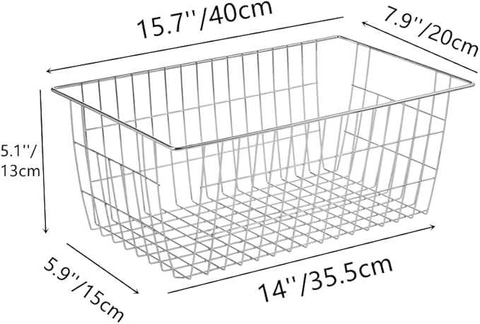 Wire Storage Baskets Freezer Organizing Bins Pantry Food Storage Organizer Metal Basket Wire Grid Design for Cabinets, Pantry, Closets, Freezer, Bedrooms,Kitchen, Set of 2, Chrome