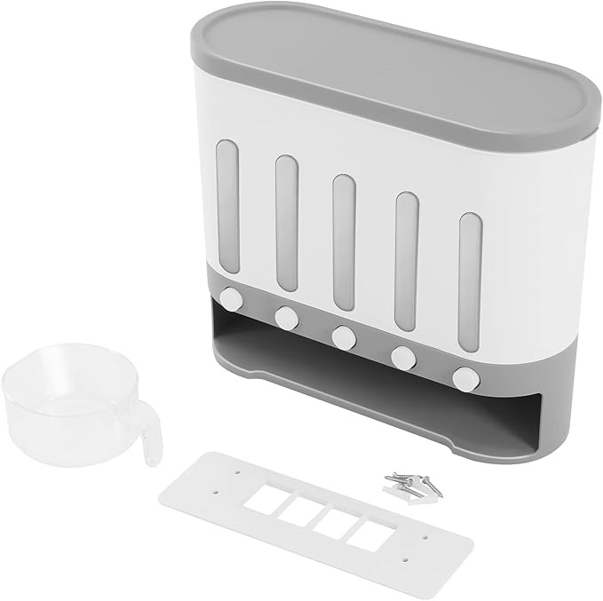 5 Grids Dry Food Dispenser, Wall mounted Rice Storage Dispenser Cereal Dispenser Countertop Kitchen Organization Container 38Lbs Sealed Storage Tank with Measuring Cup for Home Kitchen