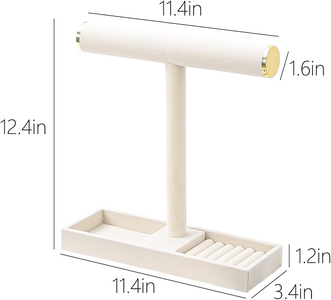 Necklace Display Holder, Bracelet Organizer Stand with Earrings Tray and Metal Lid, Jewelry Scrunchie Watches Tray Rack for Women Home Desk (Beige)