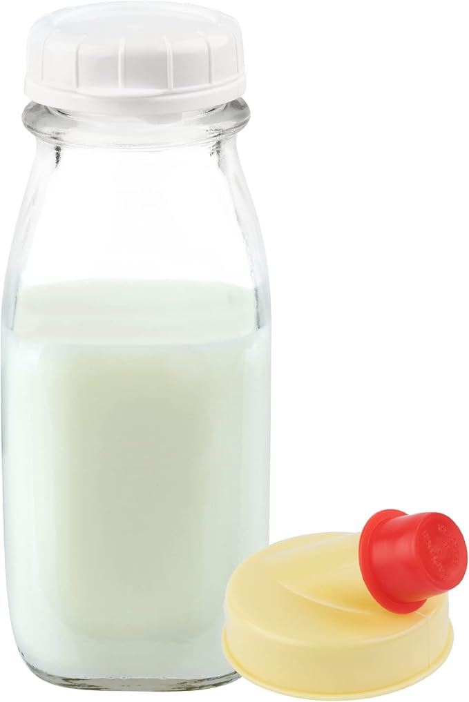 kitchentoolz Glass Creamer Bottle 12 Oz Square Glass Milk Bottle with Lids- Perfect Milk Container for Refrigerator - 12 Ounce Milk Bottle with Lid and Pour Spout