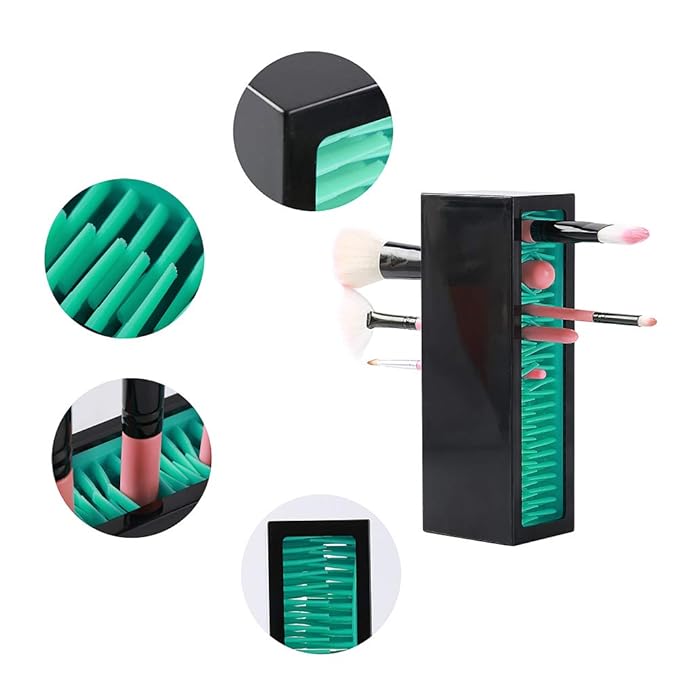 Makeup Brushes Holder Organizer, Silicone Vanity Air Drying Rack Display Storage for Brush, Eyeliners and More, Practical Cosmetic Tools Container (Blue-Black)