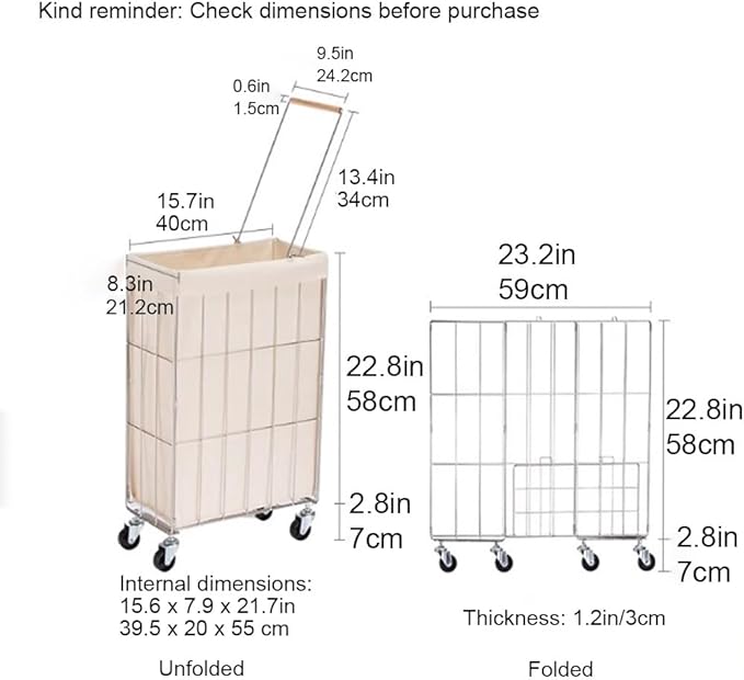 Rolling Laundry Cart with Baskets, Stainless Steel Hamper with Wheels, Slim Laundry Basket Organizer, Foldable Rolling Hamper for Bathroom and Living Room