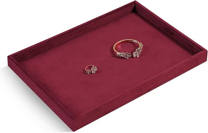 Velvet Stackable Jewelry Display Flat Tray For Ring Earring Necklace Bracelet, Bangle Pendant Storage Blank Plate, Shop Countertop Jewelry Dish Organizer (Red)