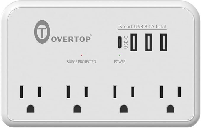 Overtop Wall Outlet Extender Surge Protector with 4 AC Outlets, 4 USB Ports(1 USB C) Multi Plug Expander Charger for Home, Dorm, Classroom, Travel