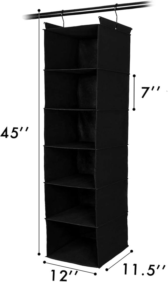 MAX Houser 6 Tier Shelf Hanging Closet Organizer, Closet Hanging Shelf with 2 Sturdy Hooks for Storage, 2 Pack, Foldable (Black)