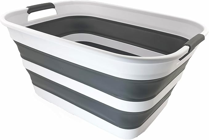 SAMMART Collapsible Plastic Laundry Basket with Dual Grip Handles 27L (7.1 Gallons) -Foldable Pop Up Storage Container/Organizer - Portable Space Saving Washing Tub/Hamper (1, White/Steel Grey)