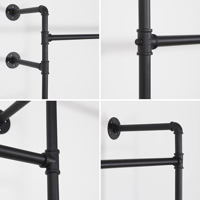 Industrial Pipe Clothes Rack, Heavy Duty Detachable Wall Mounted Black Iron Garment Bar, Clothing Store Display Stands Garment Rack Closet System (125.5 x 93.7inch)
