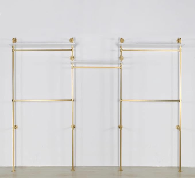 Industrial Pipe Clothing Rack Wall Mounted 5 Hanging Rods Garment Bar with Storage Shelf, Heavy Duty Metal Clothes Racks Closet System for Hanging Clothes Retail Display (Gold)
