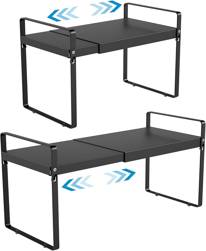 Expandable Cabinet Shelf Organizer 14-25 Inch Adjustable Length, 9" Wide 2-Tier (8" Bottom Layer) Metal Storage Rack for Kitchen Pantry, Under Sink Countertop - Heavy Duty Black(2 Pack)