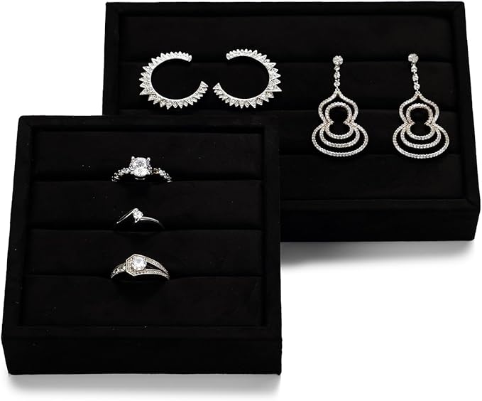 Oirlv 3 Slots Velvet Small Ring Organizer Earrings Trays Showcase Display Storage Insert Holder for Jewelry Box, Drawer, Dresser(Black,S)