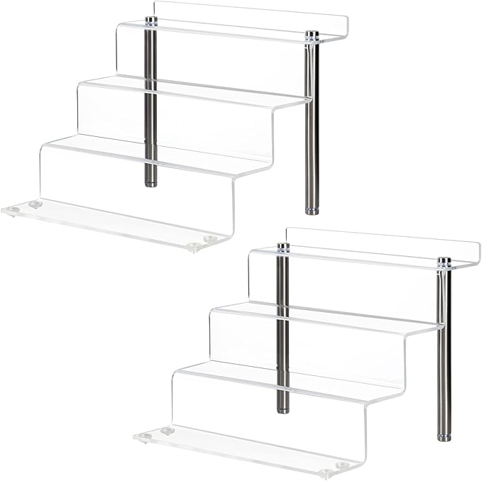 Acrylic Riser Shelf 4 Tier Clear Display Stand for Collectibles Pop Figures, Cupcakes, Perfumes, Display Risers for Decorating & Organizing - 9 x 8.3 x 6.8 in (Small, 2 Pack)
