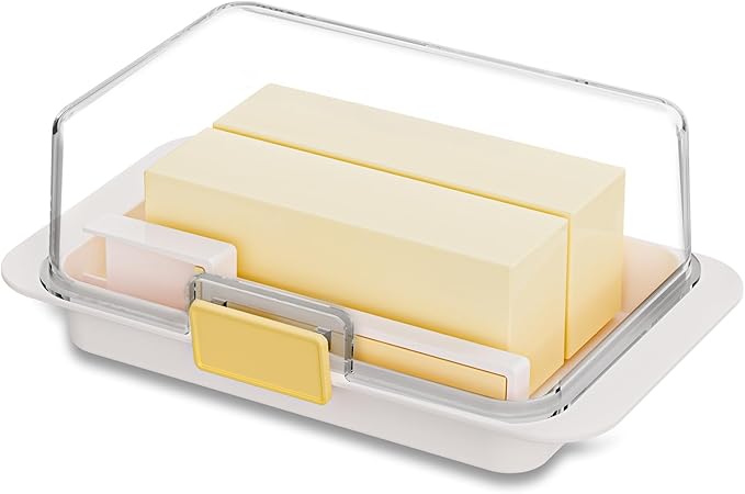 White Airtight Butter Dish with Lid for Countertop, Stylish Container with Cutter Knife, Large Capacity Stick Holder for East/West Coast Butter, Keeper&Tray Fit Refrigerator or Camping Use