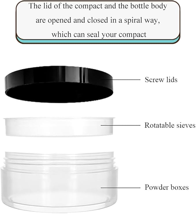 HAHIYO 1Pcs 20ml/0.68oz Plastic Empty Travel Compact Case Makeup Cosmetic Jar Refillable Powder Box No Leak Holder with Rotatable Sifter and Black Screw Lid
