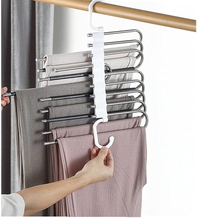 2Pack 9 Layers Foldable Pants Hangers Space Saving Trouser Hanger Multifunctional Trouser Rack Hanger Hanging Hole for Wardrobe Trousers Scarf Jeans (White)