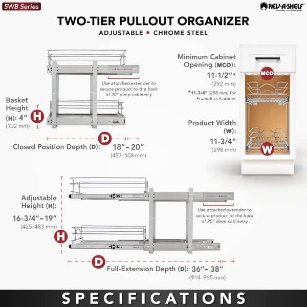 Rev-A-Shelf 2-Tier Kitchen Cabinet Pullout Shelf and Drawer Organizer Slide Out Pantry Storage Basket in Multiple Sizes, 12 x 18 In, 5WB2-1218CR-1