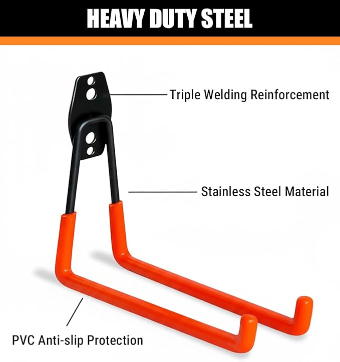 WMK 7.3'' Garage Hooks Heavy Duty Wall Hook, 4 Pack Garage Storage Hook, Wall Mount Utility Garage Hooks for Hanging Tools Bike Ladder (Orange)