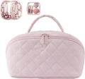 2026 New Travel Makeup Bag,Festivalment Wide Open Lay-Flat Water-Resistant Cosmetic Case,Puffy Padded Organizer for Toiletries & Brushes Large Capacity with Compartments (Pink)