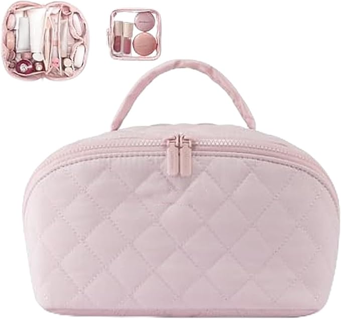 2026 New Travel Makeup Bag,Festivalment Wide Open Lay-Flat Water-Resistant Cosmetic Case,Puffy Padded Organizer for Toiletries & Brushes Large Capacity with Compartments (Pink)