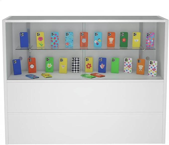 WISDOMFUR 48” Display Showcase with LED Lighting – White Melamine Finish, Adjustable Glass Shelf, Locking Sliding Doors – 4ft Retail Display Cabinet for Stores & Exhibits