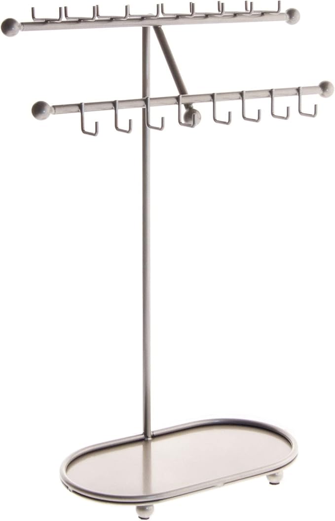 Angelynn's Sturdy Extra Long Necklace Holder Organizer Tall Tabletop Pendant Display Stand, Freestanding Large Capacity Jewelry Tree, Sharisa Satin Nickel Silver 11 3/4" Wide x 16 1/2" Tall