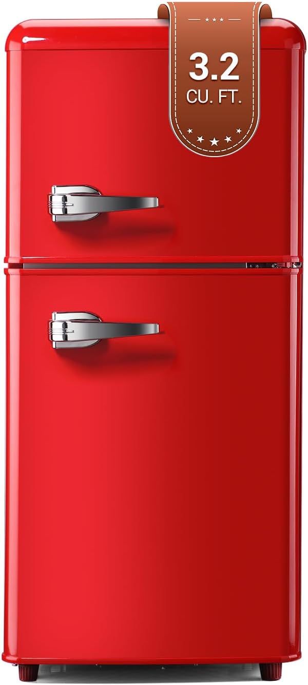 Retro Mini Fridge, 3.2 Cu. Ft. Small Refrigerator with Freezer Retro Style with 7-Level Adjustable Thermostat, Compact Vintage 2-Door Fridge for Apartments, Dorm, Office, Red