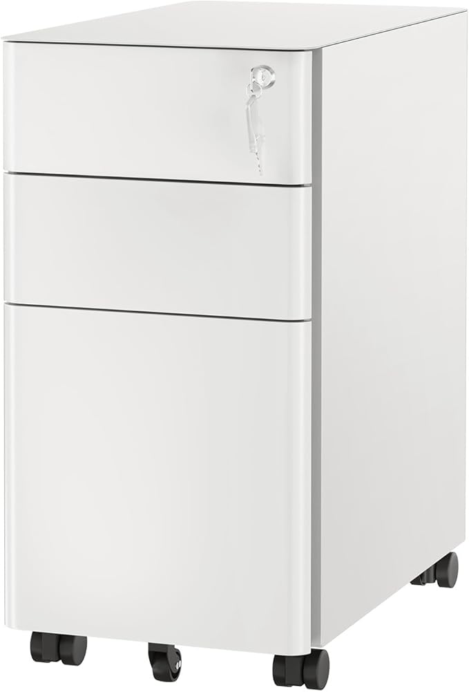Mount-It! Slim Rolling Under Desk Cabinet, Mobile Filing Cabinet with 3 Drawers and Lock for Home & Office File Storage, White