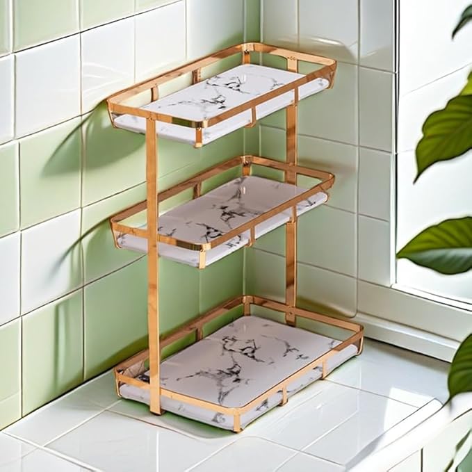 Bathroom Organizer Countertop Perfume Organizer Makeup Cosmetics Storage Display Rack 3 Tier Vanity Tray Dresser Stainless Steel Gold Shelf White Marble Ceramic Tray (Gold, L)