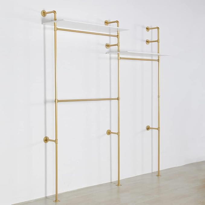 Industrial Pipe Clothing Rack Wall Mounted, Heavy Duty Hanging Clothes Rack Clothing Store Display Stands Garment Rack Closet System, 2 Tier Wood Garment Rack (Gold, 96.5x80.7inch)